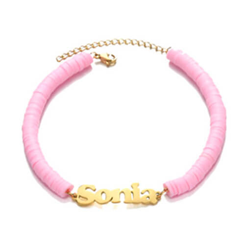custom pink polymer clay disc beaded chain jewellery bulk personalized gold plated stainless steel name charm bracelets wholesale